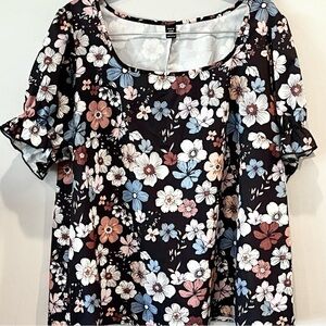 SHEIN Blue Brown Floral Puff Short Sleeve Women’s Top Size 3XL NWOT